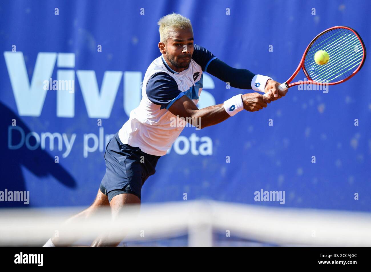 Prague, Czech Republic. 20th Aug, 2020. Sumit Nagal of India returns a shot  to Stan Wawrinka of Switzerland during the I. CLTK Prague Open of the ATP  Challenger Tour match in Prague,