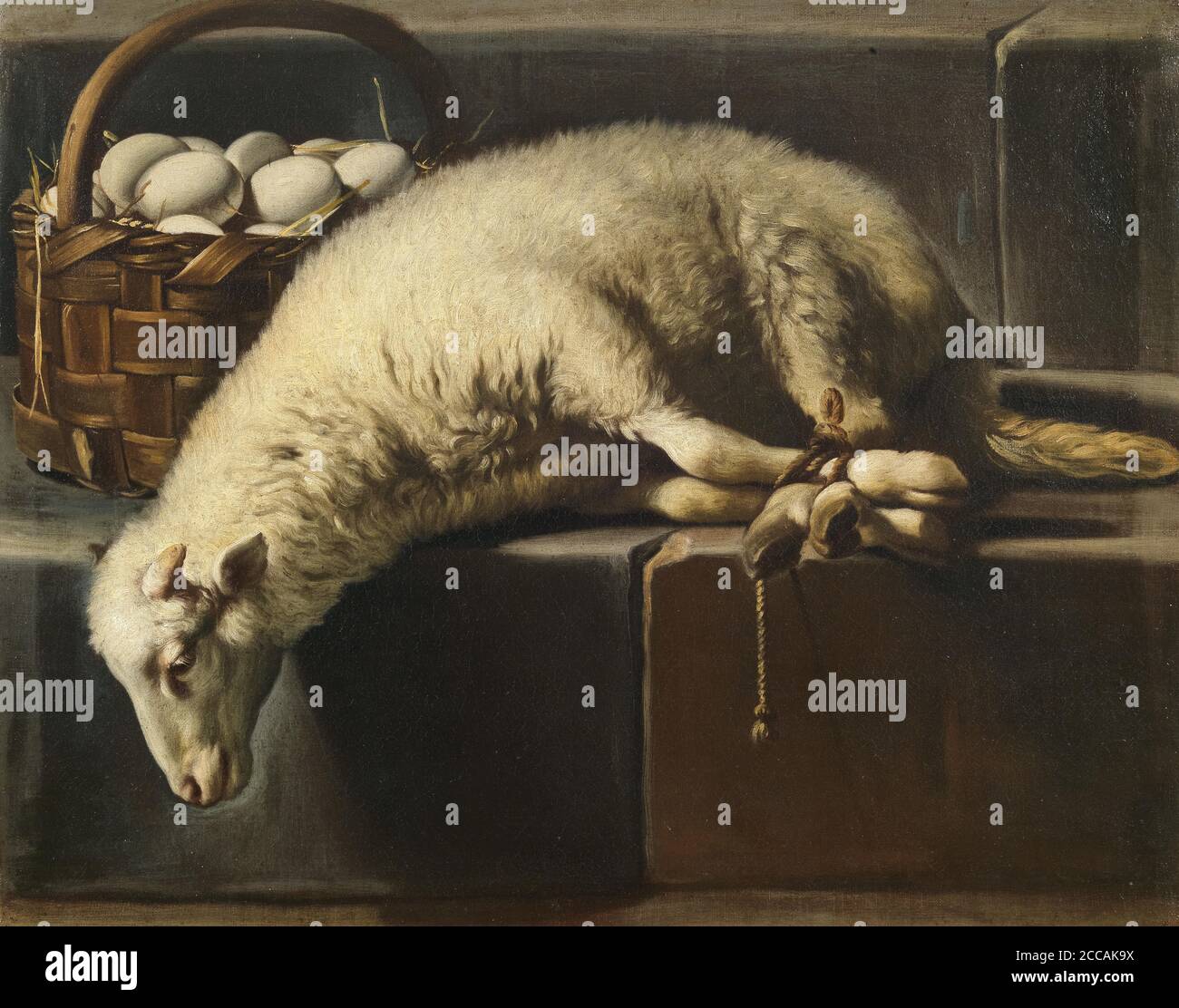 A ligated lamb besides a basket of eggs (Allegory of Easter). Museum: PRIVATE COLLECTION. Author: Giovan Battista Recco. Stock Photo