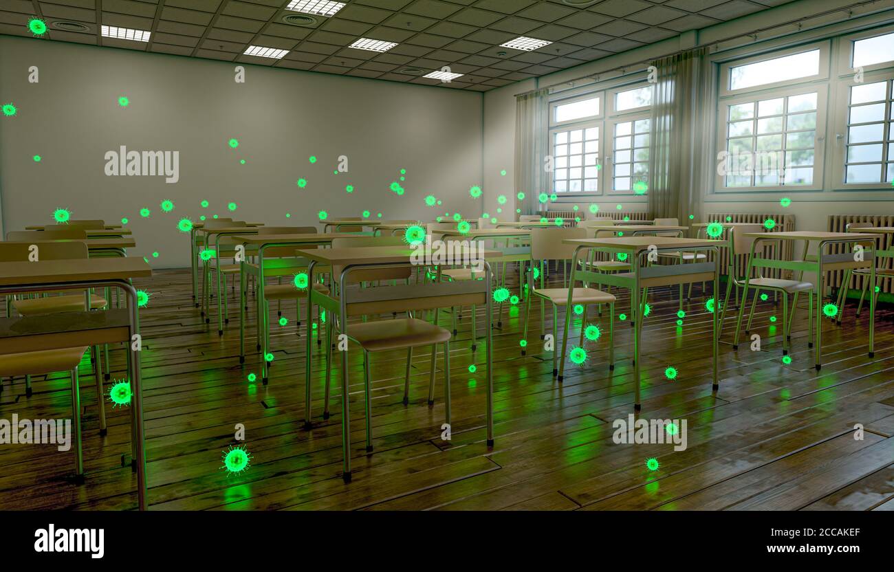 Traditional school class with illustration of the virus covid 19 which is present inside the room. concept of infection, pandemic, health related prob Stock Photo