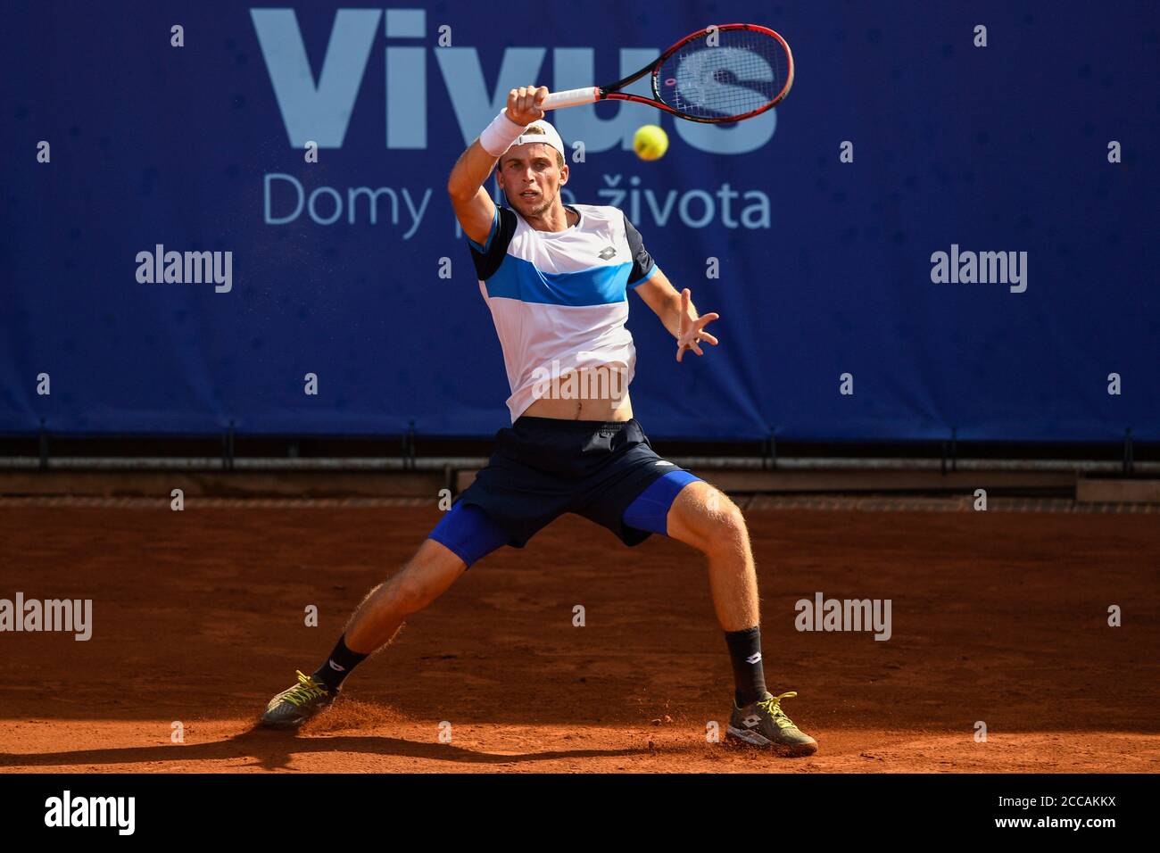Michael Vrbensky of Czech Republic returns a shot to Elias Ymer of Sweden  during the I. CLTK Prague Open of the ATP Challenger Tour match in Prague,  Czech Republic, August 20, 2020. (