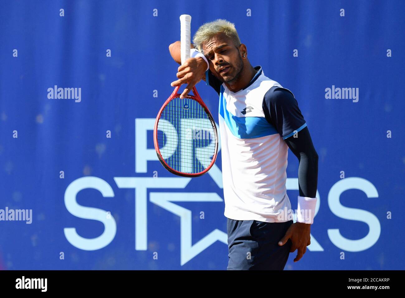 Prague, Czech Republic. 20th Aug, 2020. Sumit Nagal of India reacts during  the I. CLTK Prague Open of the ATP Challenger Tour match against Stan  Wawrinka of Switzerland in Prague, Czech Republic,