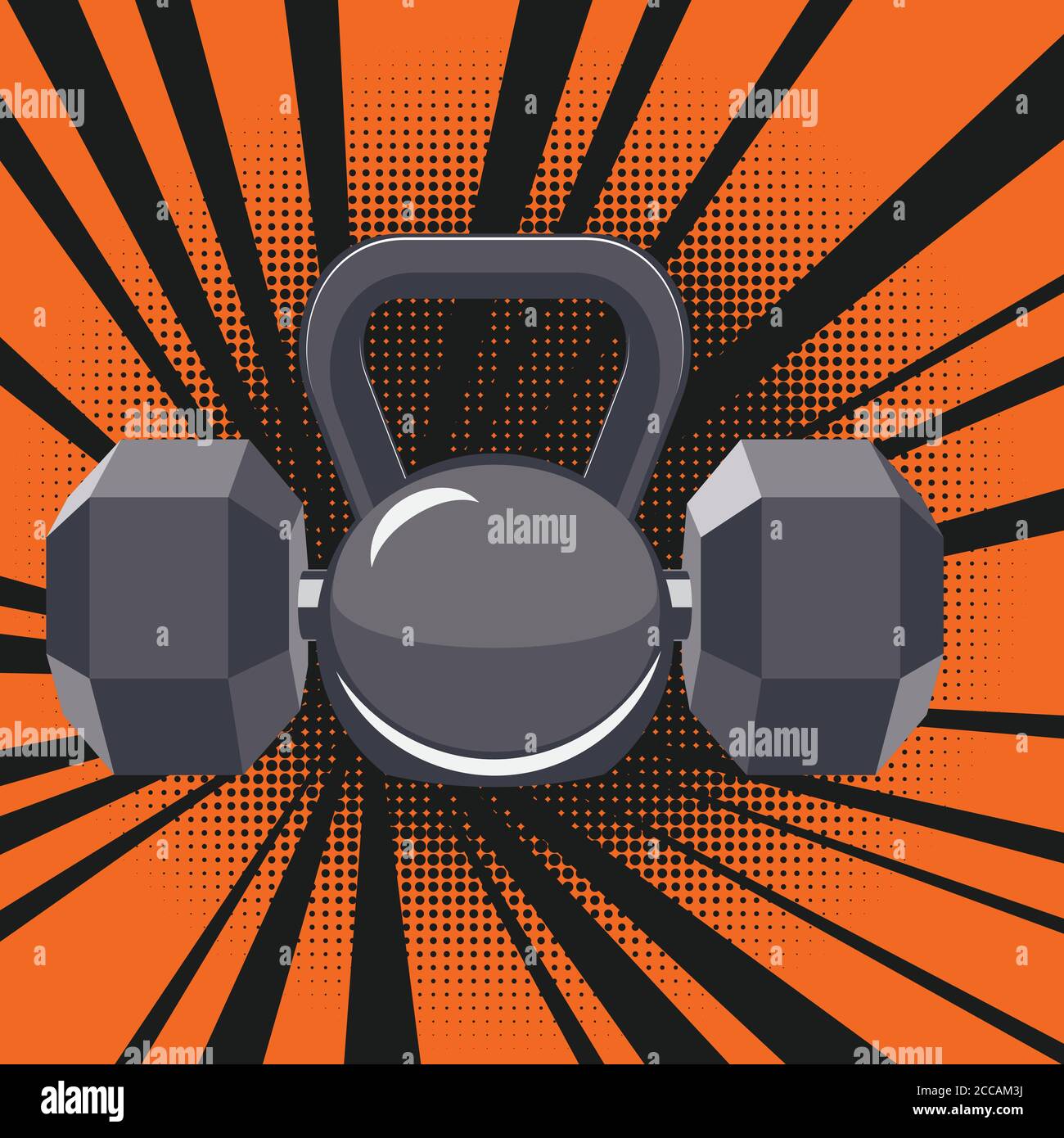 Abstract fitness themed retro design, dumbbells and kettlebell ...