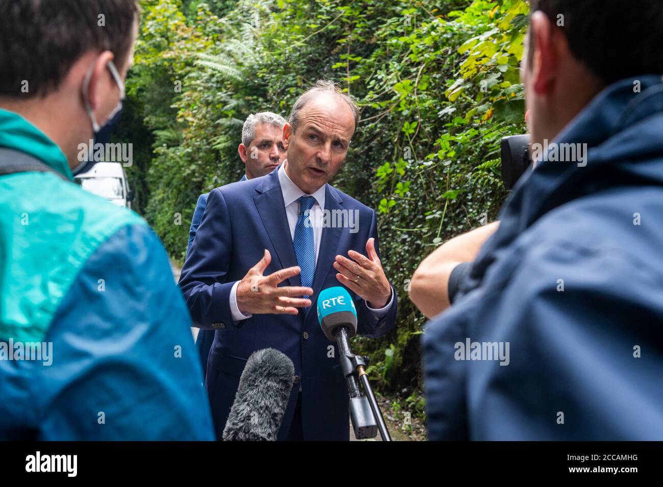 Skibbereen, West Cork, Ireland. 20th Aug, 2020. An Taoiseach Micháel Martin visited the victims of last night's floods in Skibbereen. The Taoiseách gives an impromptu press conference. Credit: AG News/Alamy Live News Stock Photo
