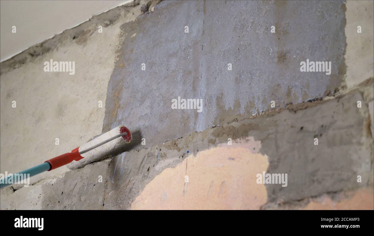 Primed walls with a roller. Background of wet concrete wall. The concept of apartment renovation, construction and finishing works, the Stock Photo
