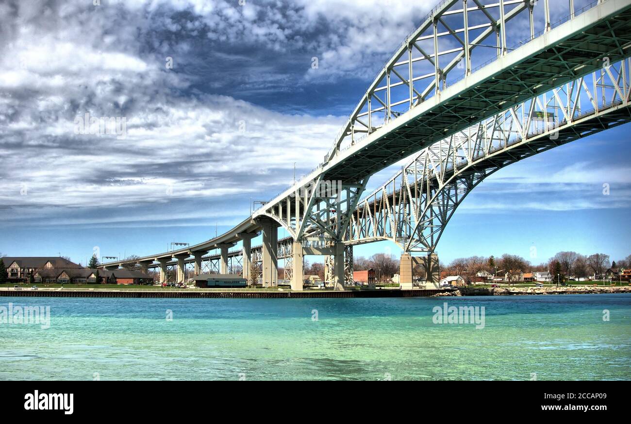 Blue Water Bridge That Connects Canada to United States of America over St. Clair River Stock Photo