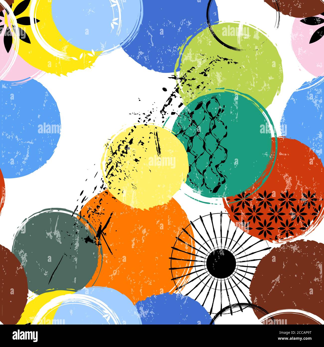 seamless background pattern, with circles/dots, stripes, strokes and splashes Stock Vector