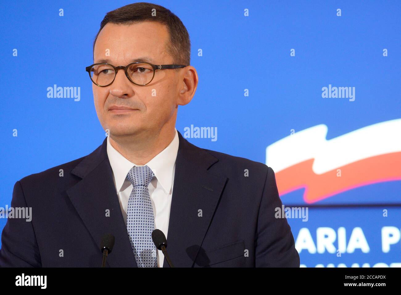 Warsaw, Pl. 20th Aug, 2020. Polish Prime Minister Mateusz Morawiecki is  seen speaking during a press conference at the Chancellery in Warsaw,  Poland on August 20, 2020. Morawiecki announced the names of