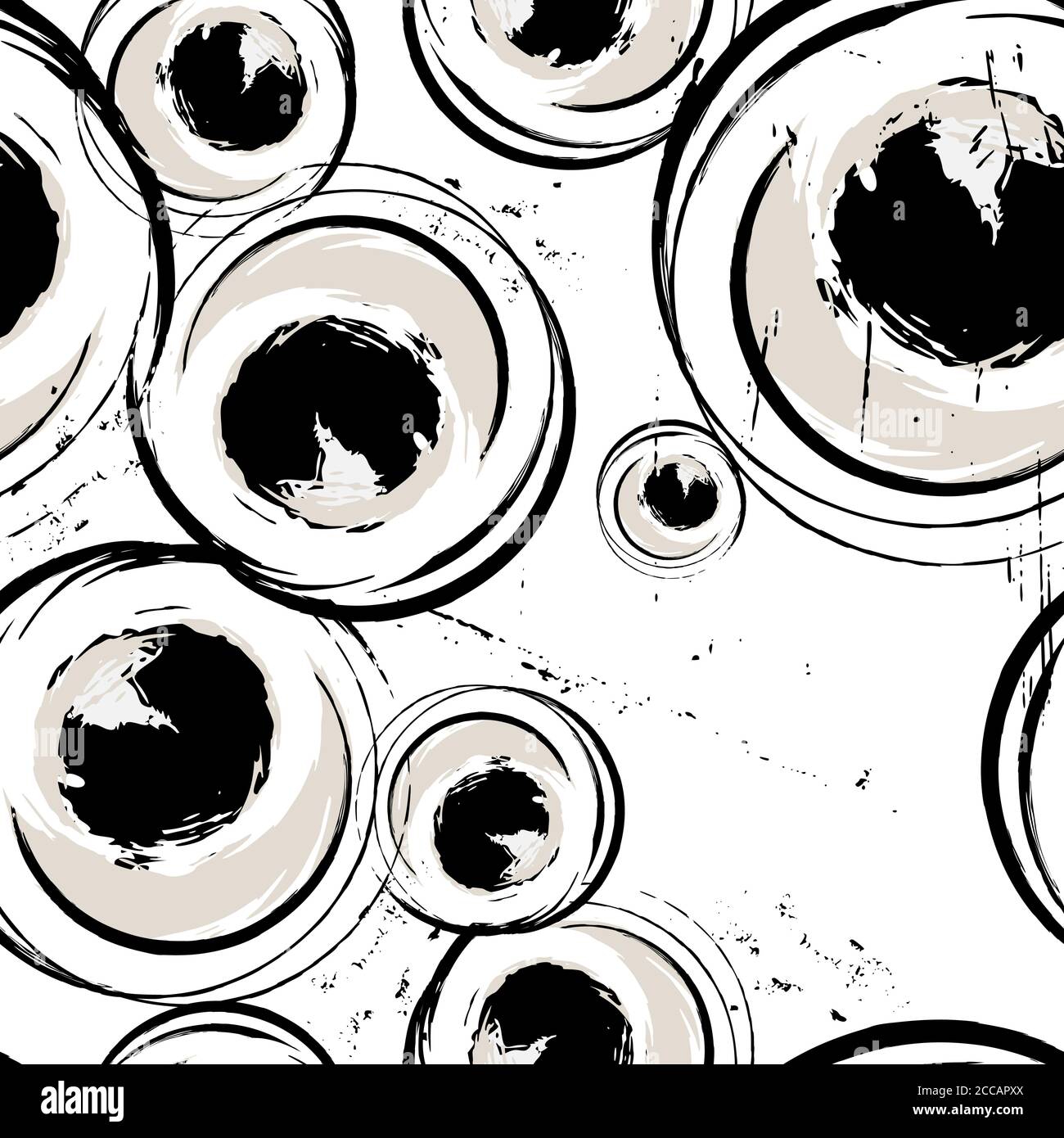 seamless background pattern, with circles, strokes and splashes, black and white Stock Vector