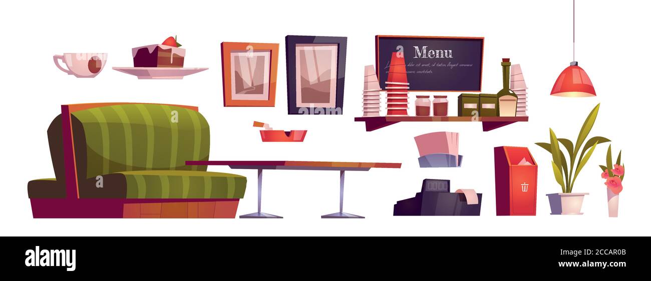Coffee Shop Interior With Couch Wooden Table Cashbox And Cups On Shelf Vector Cartoon Set Of Furniture Of Cafe With Coffee Tea And Cake Menu Board Ashtray And Plants Isolated On White