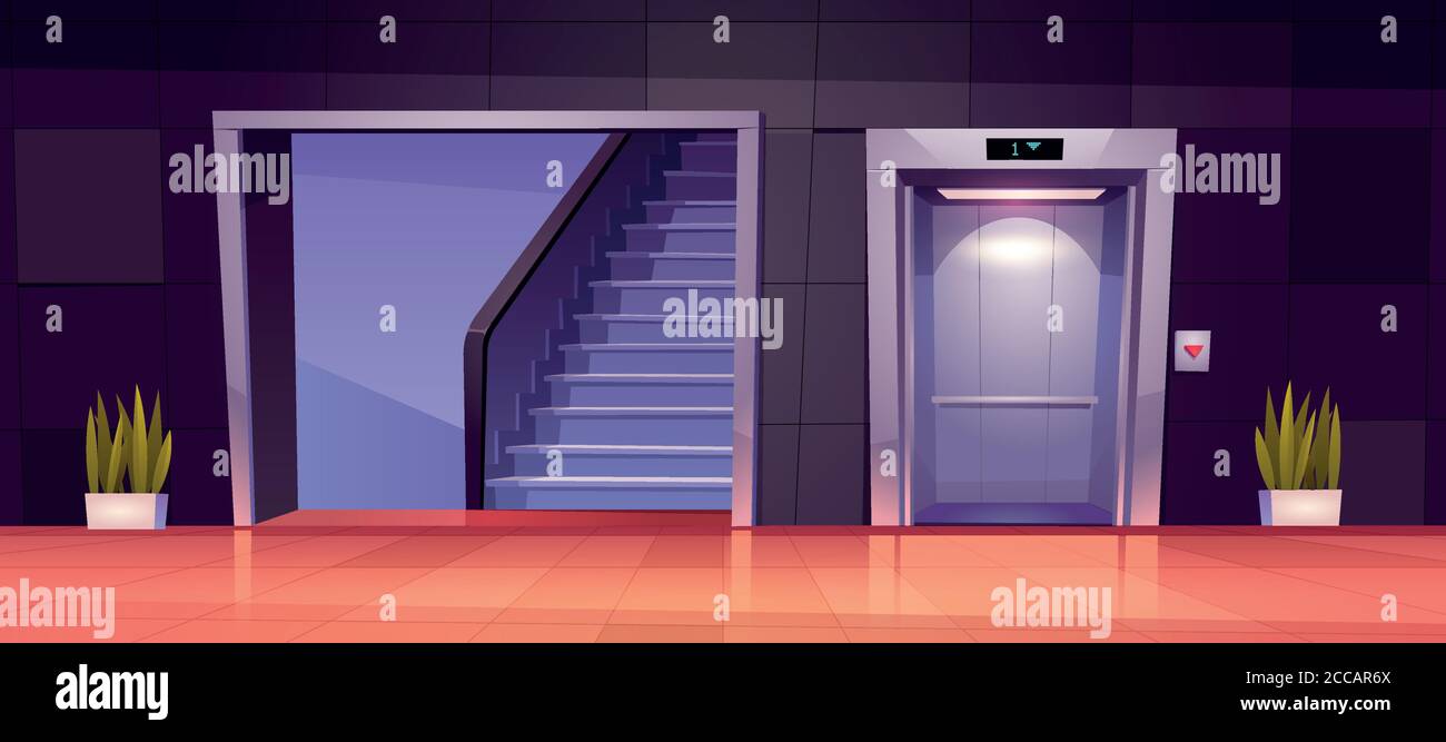 Empty hallway interior with open elevator doors and stairs. Vector cartoon illustration of office lobby, hotel hall, corridor in house with lift, staircase and plants Stock Vector