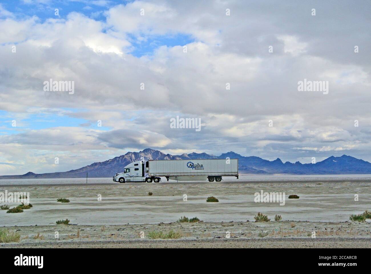 16 wheeler trailer truck  driving across the salt flats in Utah near salt lake Stock Photo