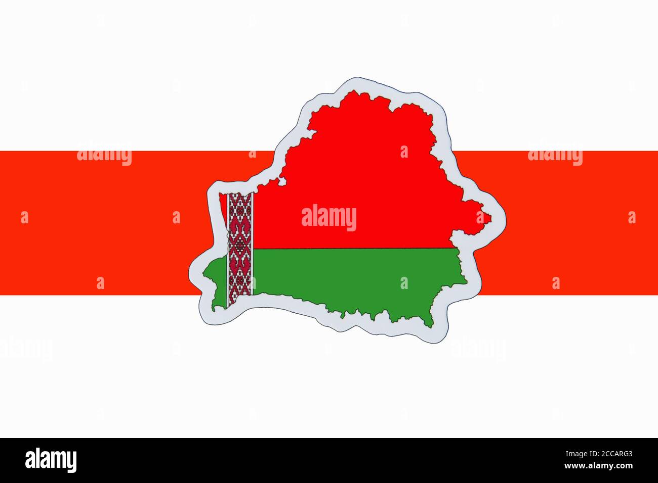 Shape and national flag of the Republic of Belarus on old flag of Belarus white and red. Symbol of independence and freedom. Opposition protests conce Stock Photo