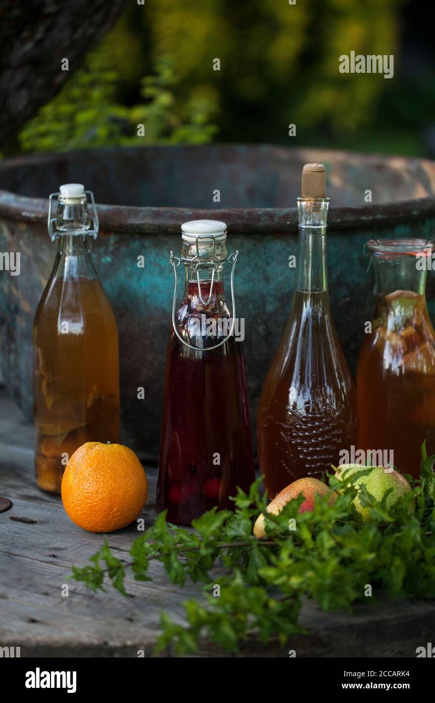 Kombucha second fermented fruit tea with different flavorings. Healthy