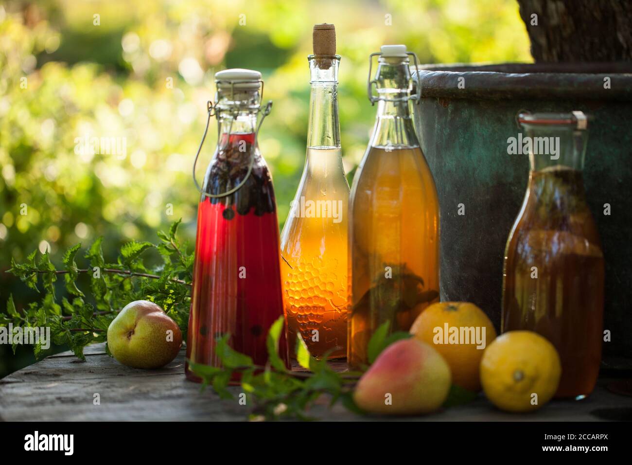 Kombucha second fermented fruit tea with different flavorings. Healthy natural probiotic flavored drink Stock Photo