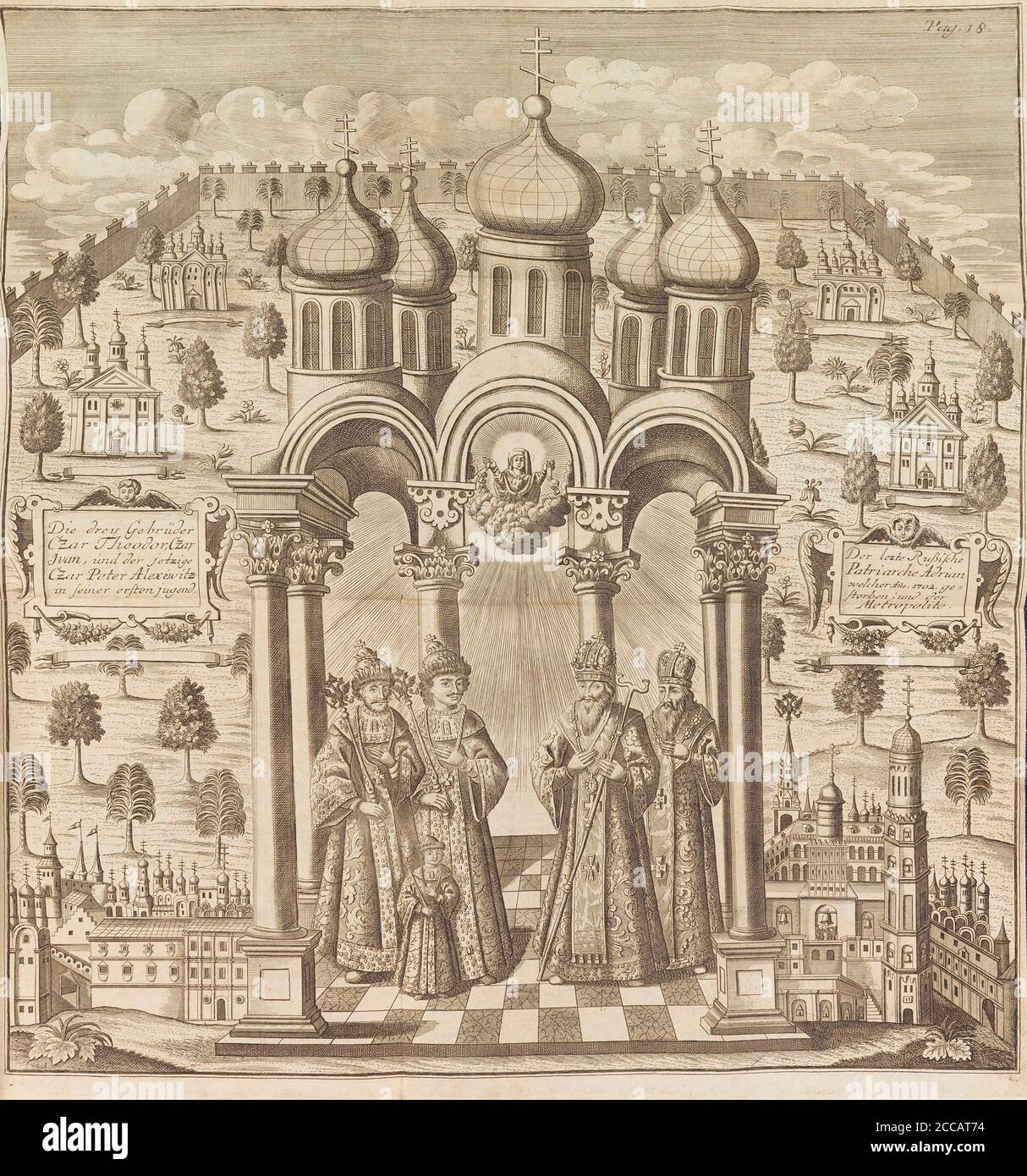 Feodor III, Peter I, Ivan V and Patriarch Adrian I. From "Das veraenderte Russland" (The Present State of Russia). Museum: PRIVATE COLLECTION. Author: Friedrich Christian Weber. Stock Photo