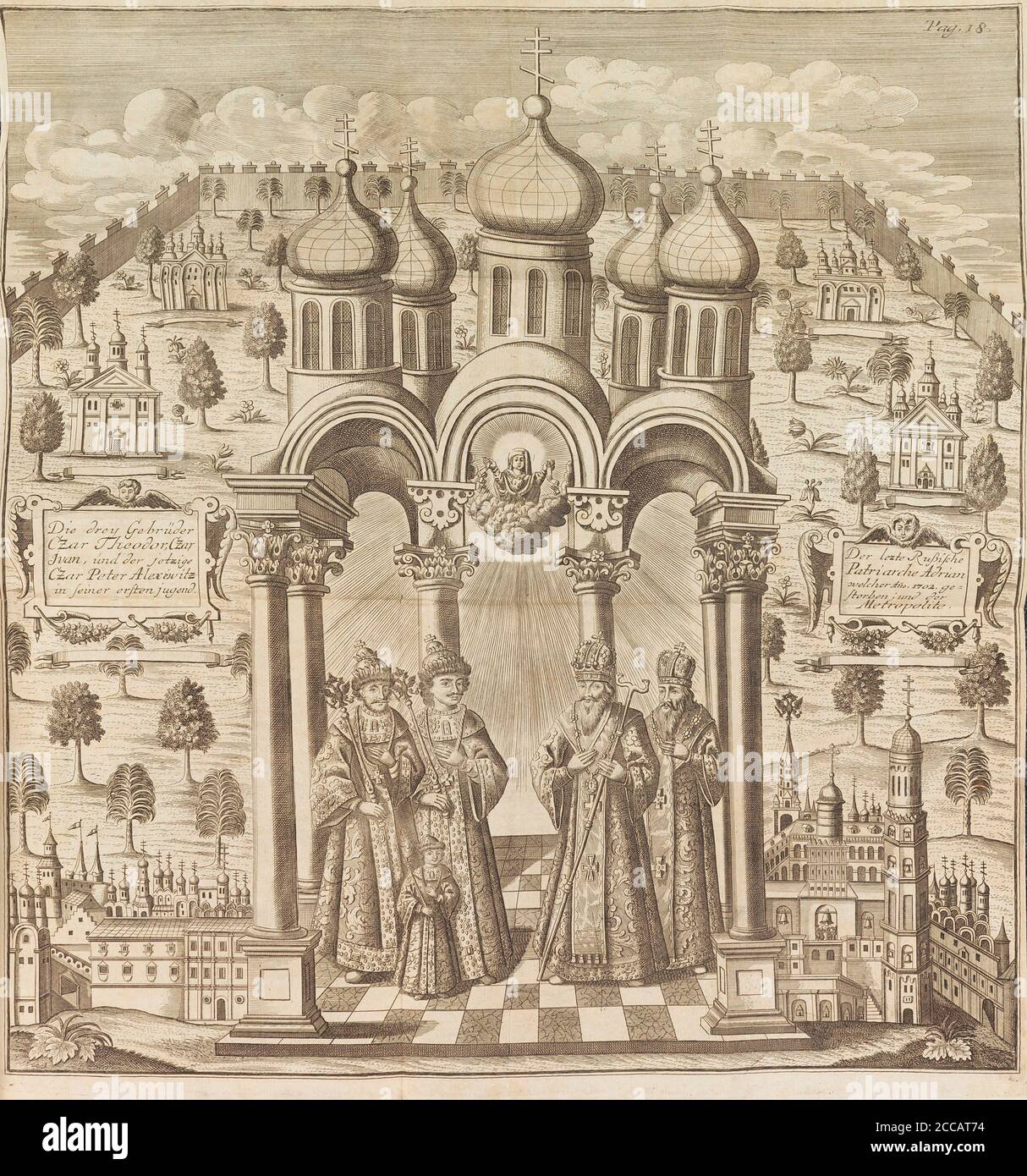 Feodor III, Peter I, Ivan V and Patriarch Adrian I. From 'Das veraenderte Russland' (The Present State of Russia). Museum: PRIVATE COLLECTION. Author: Friedrich Christian Weber. Stock Photo