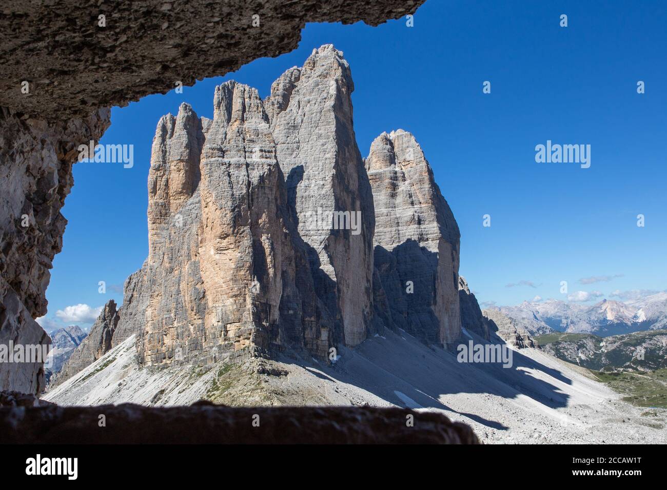 North faces of the Tre Cime peaks as viewed through a machine gun position on the Innerkofler Iron Road Stock Photo
