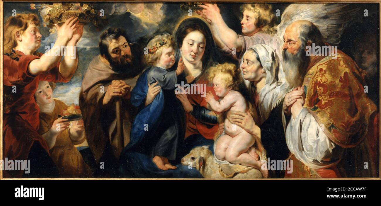 The Holy Family with the young John the Baptist and angels. Museum: Muzeum Narodowe, Warsaw. Author: JACOB JORDAENS. Stock Photo