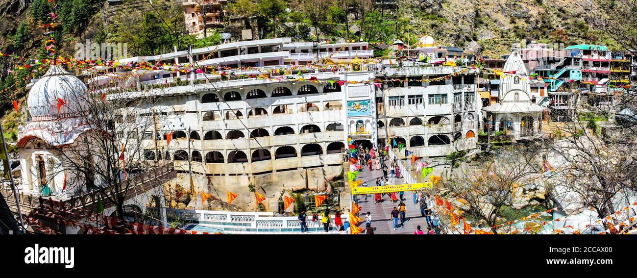 Kasol, Himachal Pradesh / India - May 20 2019: Sri Guru Nanak Dev Ji Gurudwara in Manikaran. It is the biggest Gurudwara in the state. Stock Photo