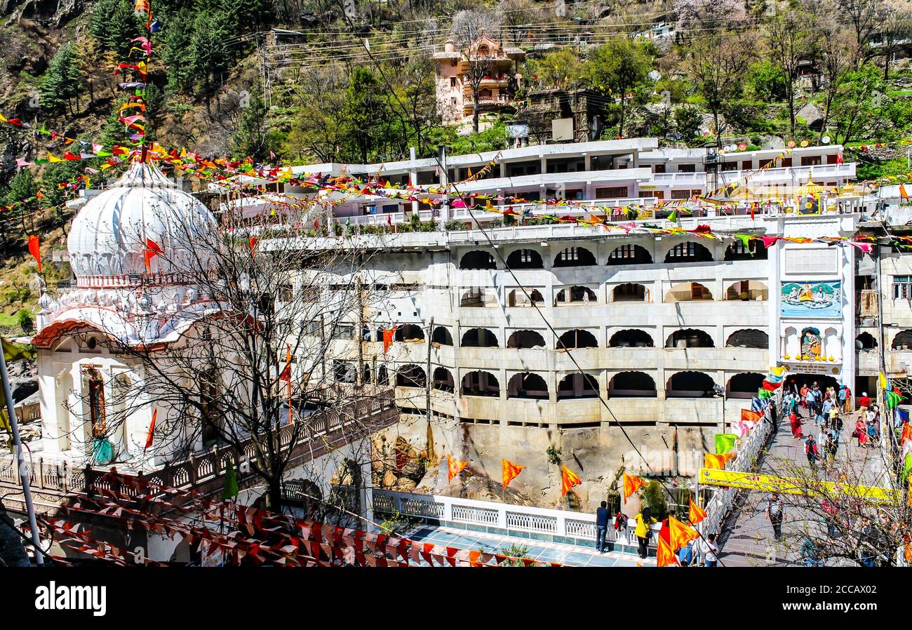 Kasol, Himachal Pradesh / India - May 20 2019: Sri Guru Nanak Dev Ji Gurudwara in Manikaran. It is the biggest Gurudwara in the state. Stock Photo