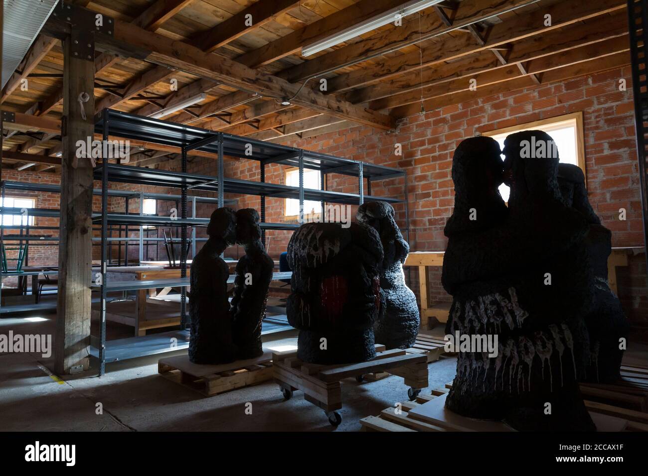 Sculptures by resident artist Raven Halfmoon wait to be shipped to a gallery in the Summer Studio building at the Archie Bray Foundation in Helena, Mo Stock Photo