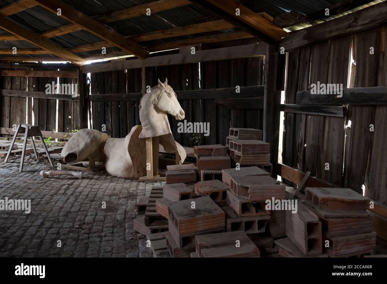 Sculpture by former resident artist Shauna Fahley occupies one of the historic beehive kilns at the Archie Bray Foundation in Helena, Montana on Monda Stock Photo