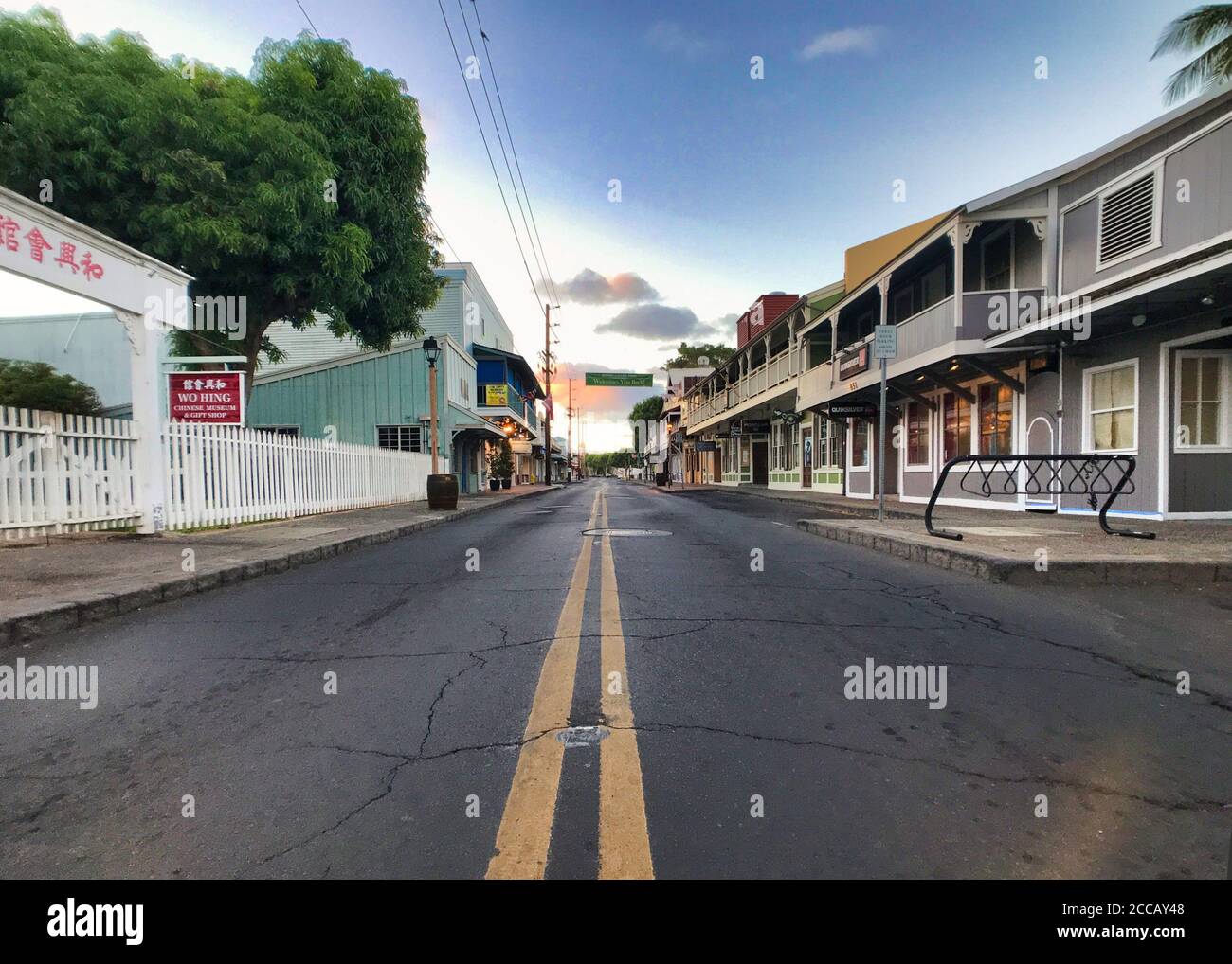 Deserted streets and shopping area in Lahaina during Covid 19 pandemic. Stock Photo