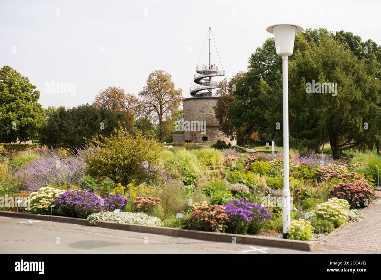 The observation tower surrounded by summer flower gardens at Egapark