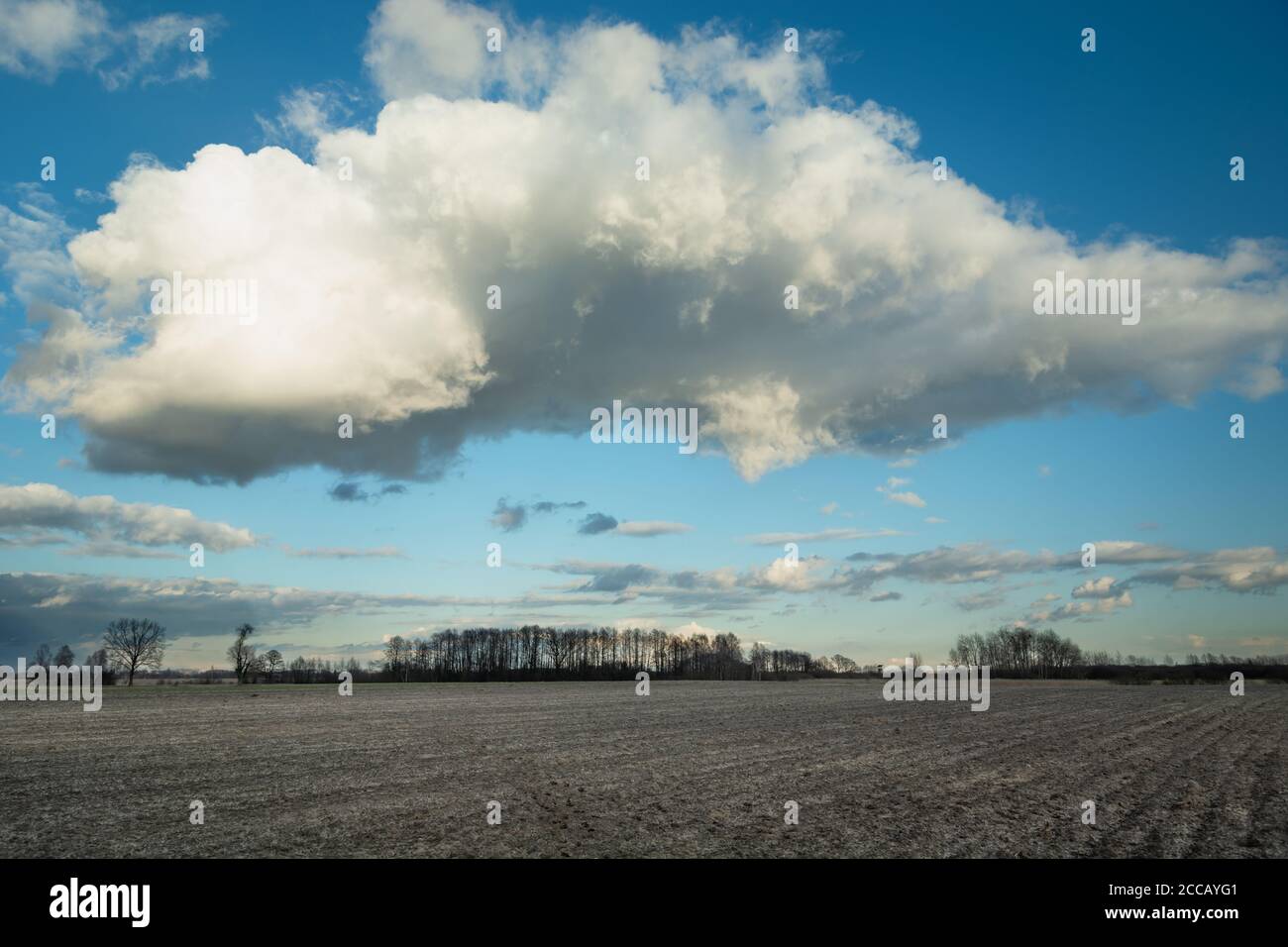 A white gray big cloud over a ploughed field Stock Photo