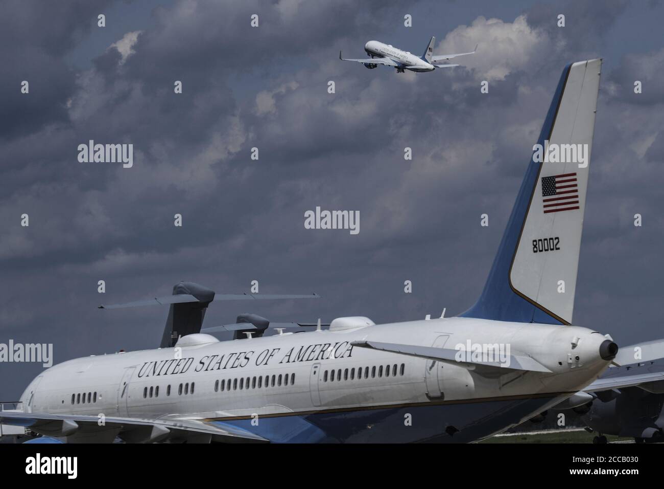 Washington, United States. 20th Aug, 2020. President Donald Trump departs on Air Force One (top) at Joint Base Andrews, Maryland on Thursday, August 20, 2020. President Trump on Wednesday urged consumers to snub Goodyear tires after the company banned employees from wearing political attire, including pro-Trump hats. Goodyear is one of two American-owed tire manufacturers. Photo by Oliver Contreras/UPI Credit: UPI/Alamy Live News Stock Photo