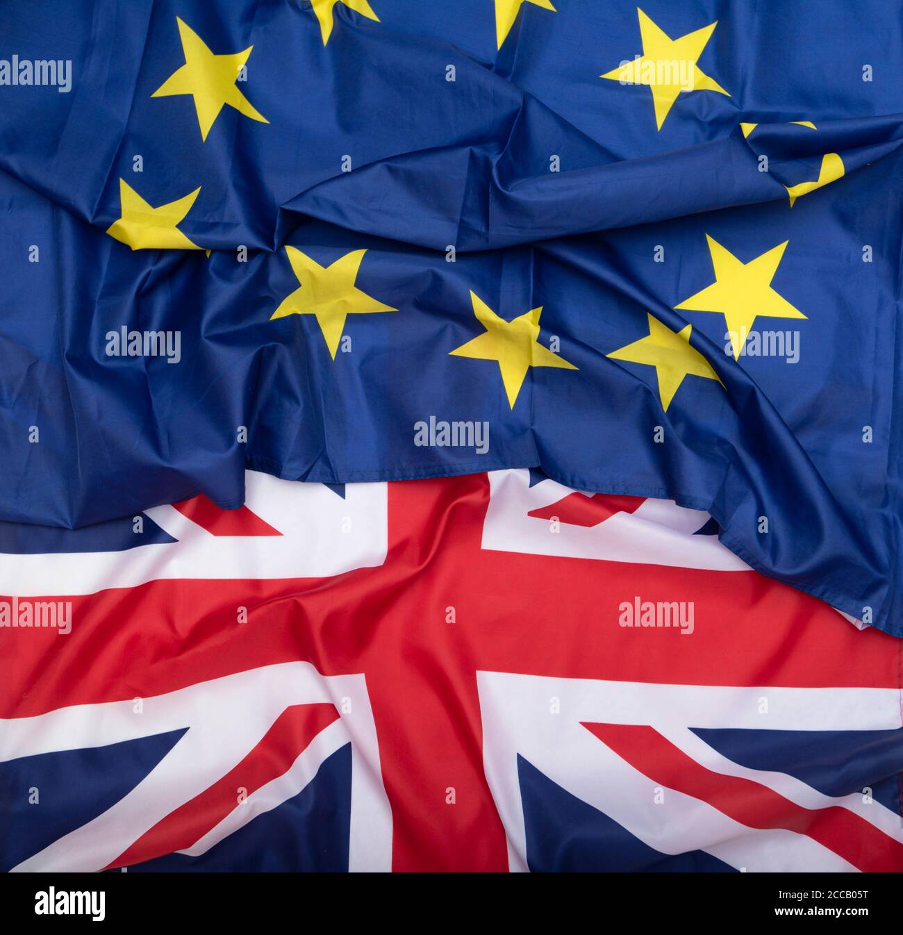 Brexit, fabric flags of the United Kingdom and the European Union, concept picture Stock Photo