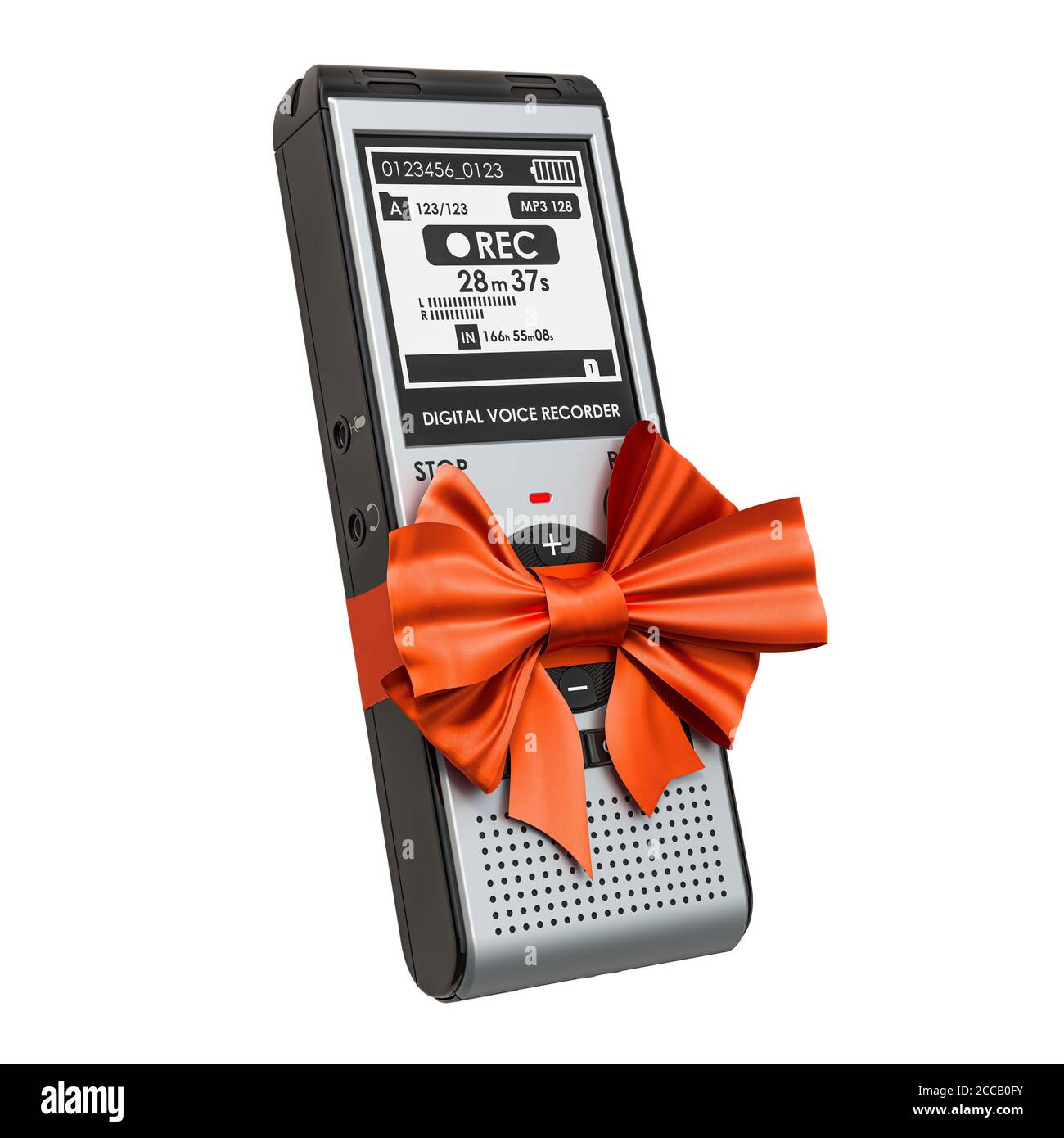 Digital voice recorder with red bow and ribbon, 3D rendering isolated ...