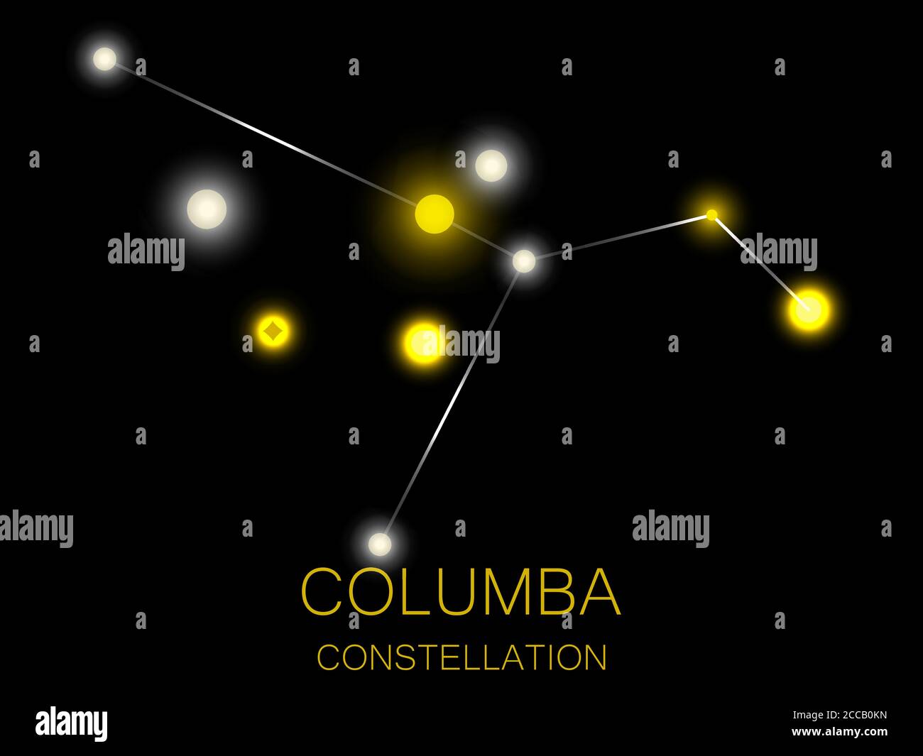 Columba constellation. Bright yellow stars in the night sky. A cluster of stars in deep space, the universe. Vector illustration Stock Vector