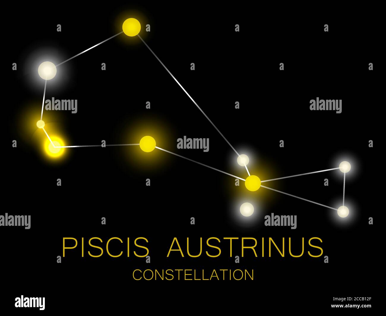 Piscis Austrinus constellation. Bright yellow stars in the night sky. A cluster of stars in deep space, the universe. Vector illustration Stock Vector