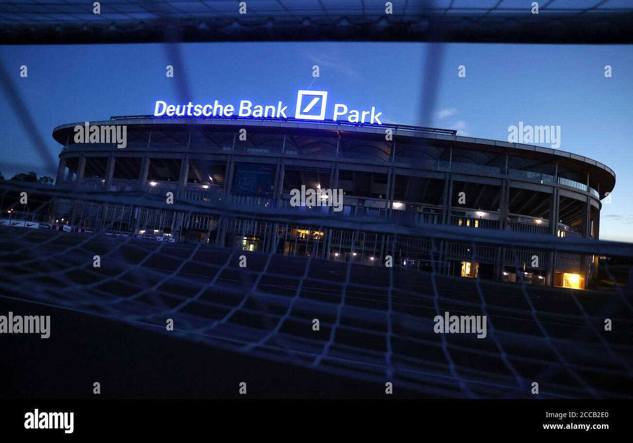 The new logo of the Deutsche Bank Park football stadium, named after Germany's largest business bank, is illuminated for the first time in Frankfurt, Germany, August 20, 2020. REUTERS/Kai Pfaffenbach Stock Photo