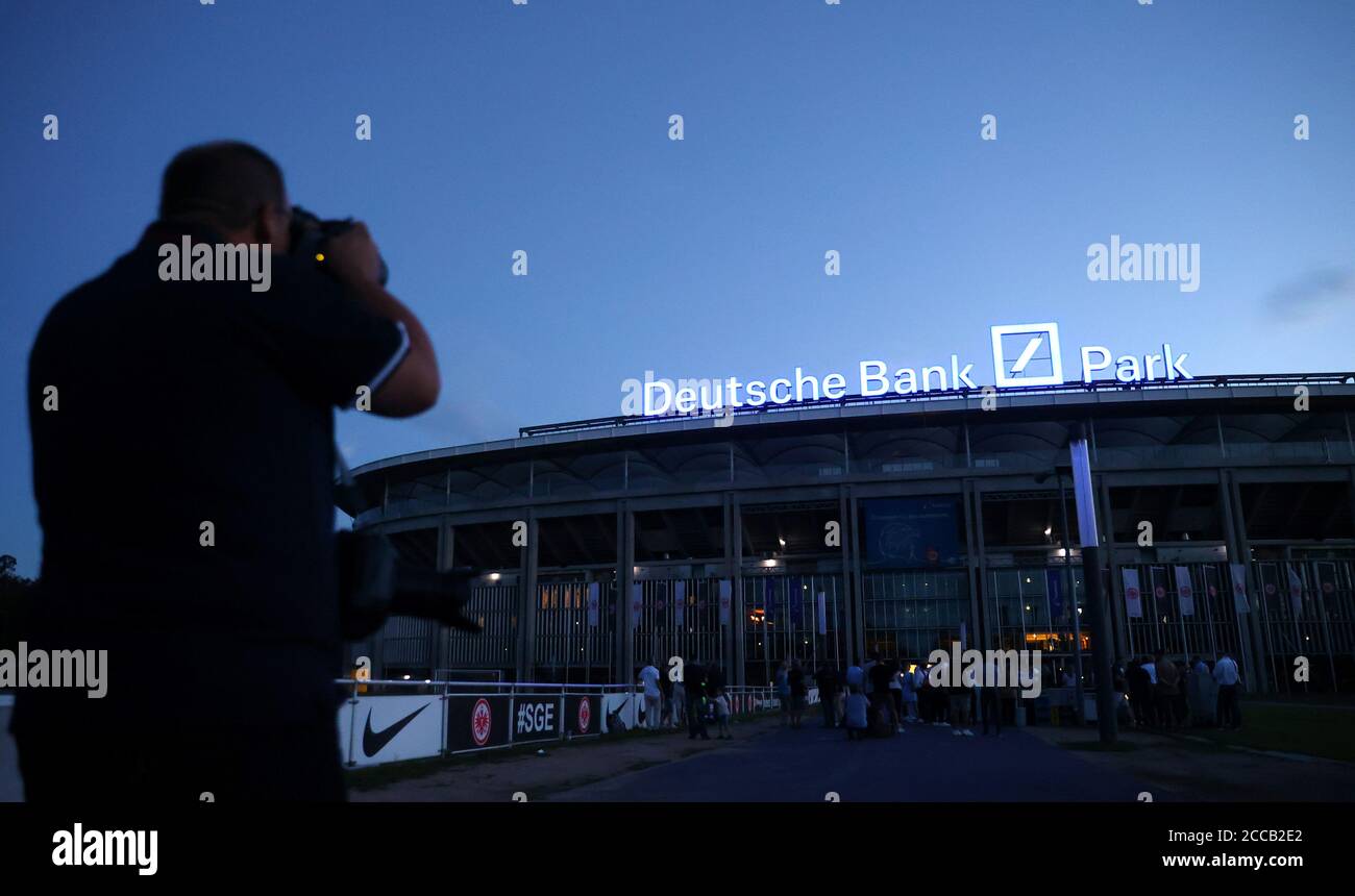The new logo of the Deutsche Bank Park football stadium, named after Germany's largest business bank, is illuminated for the first time in Frankfurt, Germany, August 20, 2020. REUTERS/Kai Pfaffenbach Stock Photo