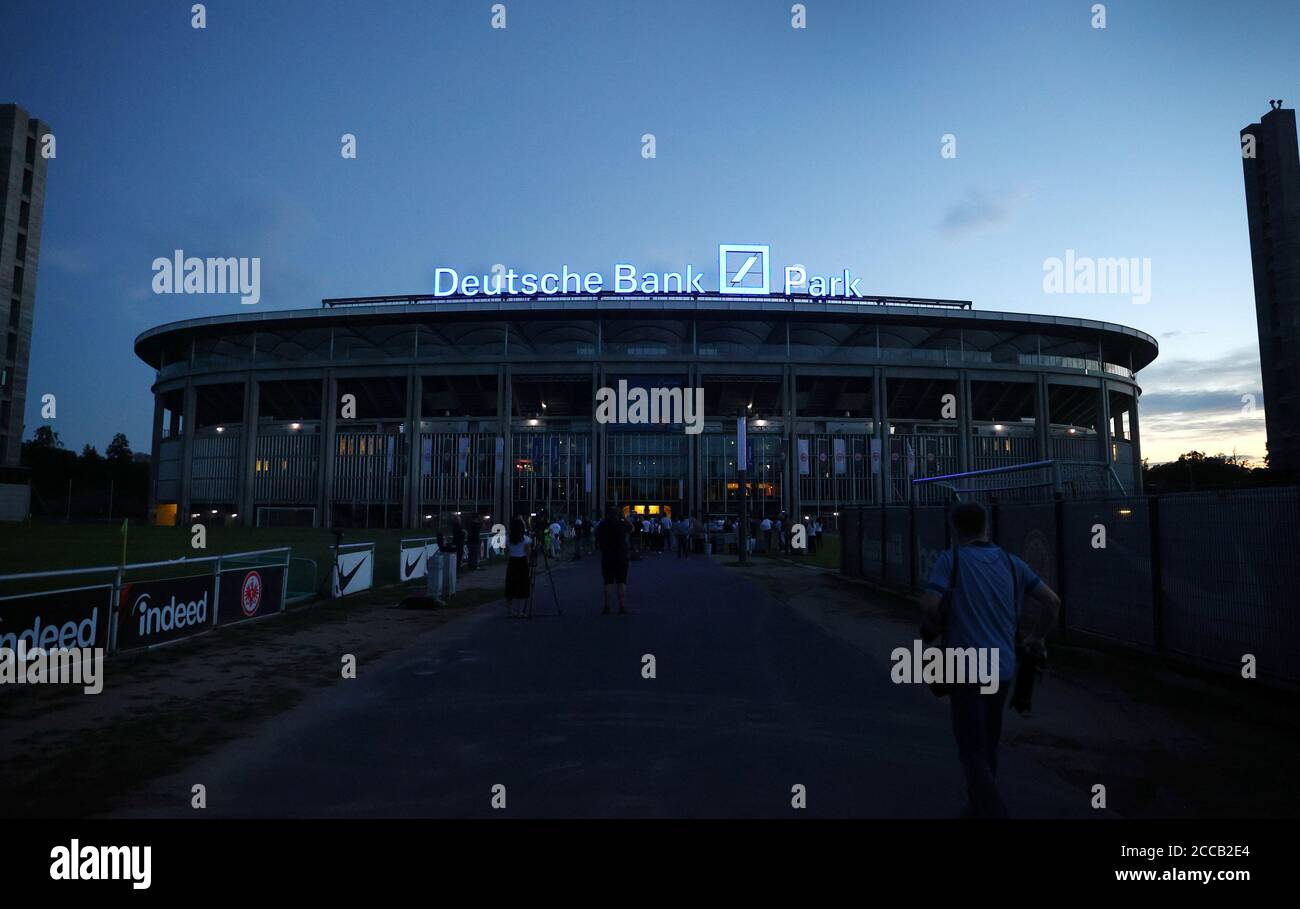 The new logo of the Deutsche Bank Park football stadium, named after Germany's largest business bank, is illuminated for the first time in Frankfurt, Germany, August 20, 2020. REUTERS/Kai Pfaffenbach Stock Photo