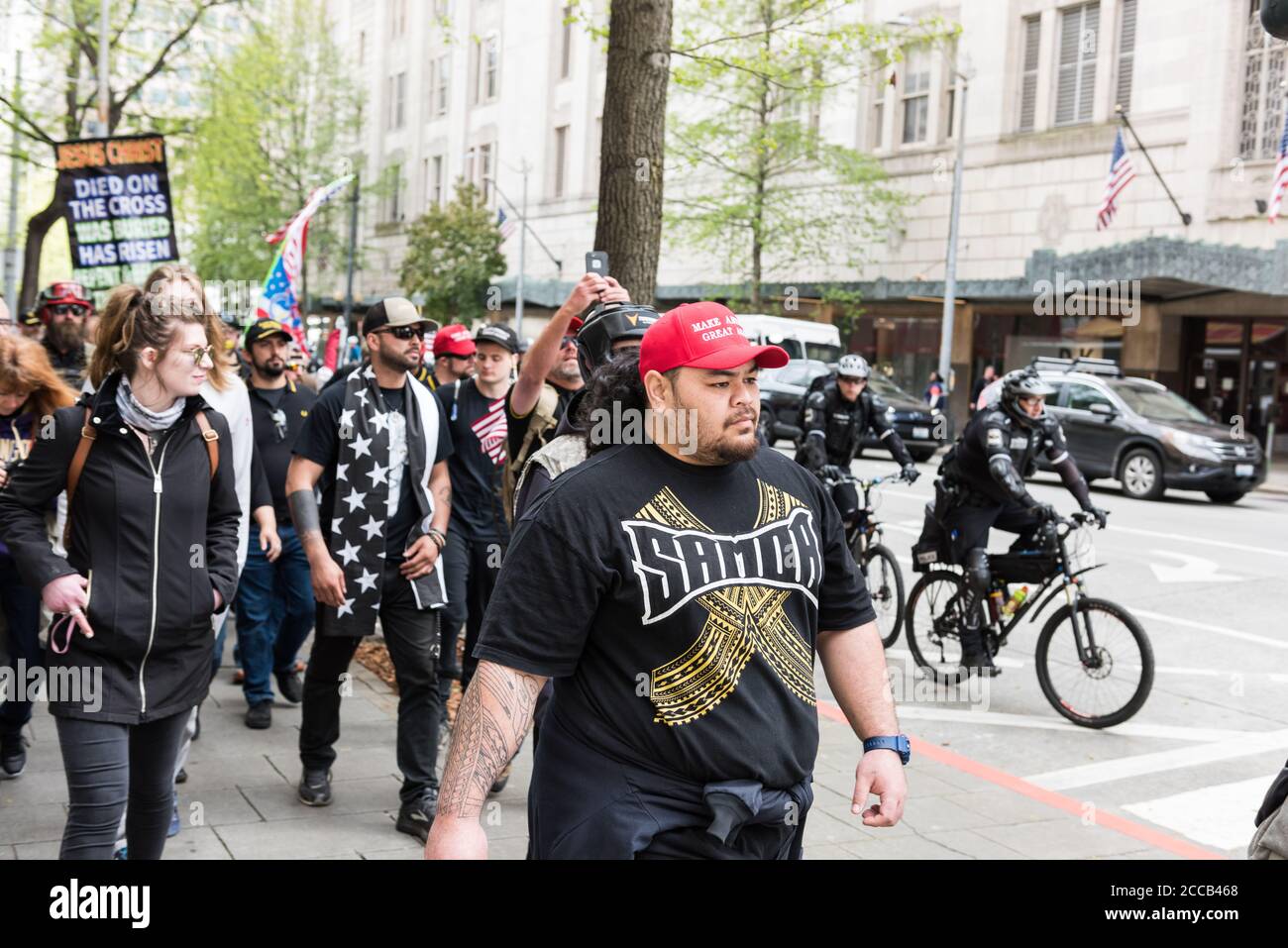 Seattle, USA - May 1st, 2018: A Proud Boy Pro-Trump Rally late in the ...