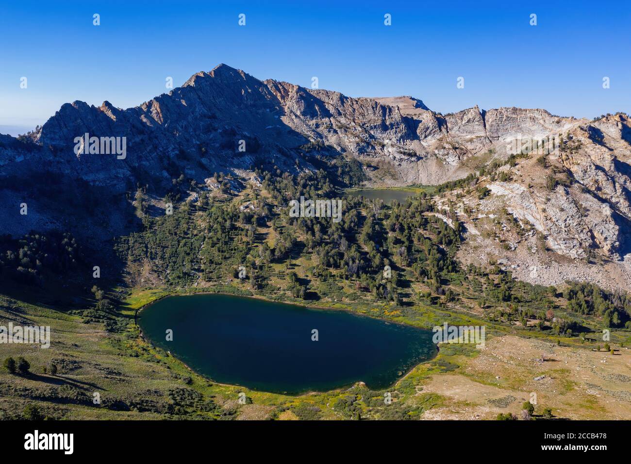 Aerial view of the beautiful Favre Lake at Ruby Mountain, Nevada Stock