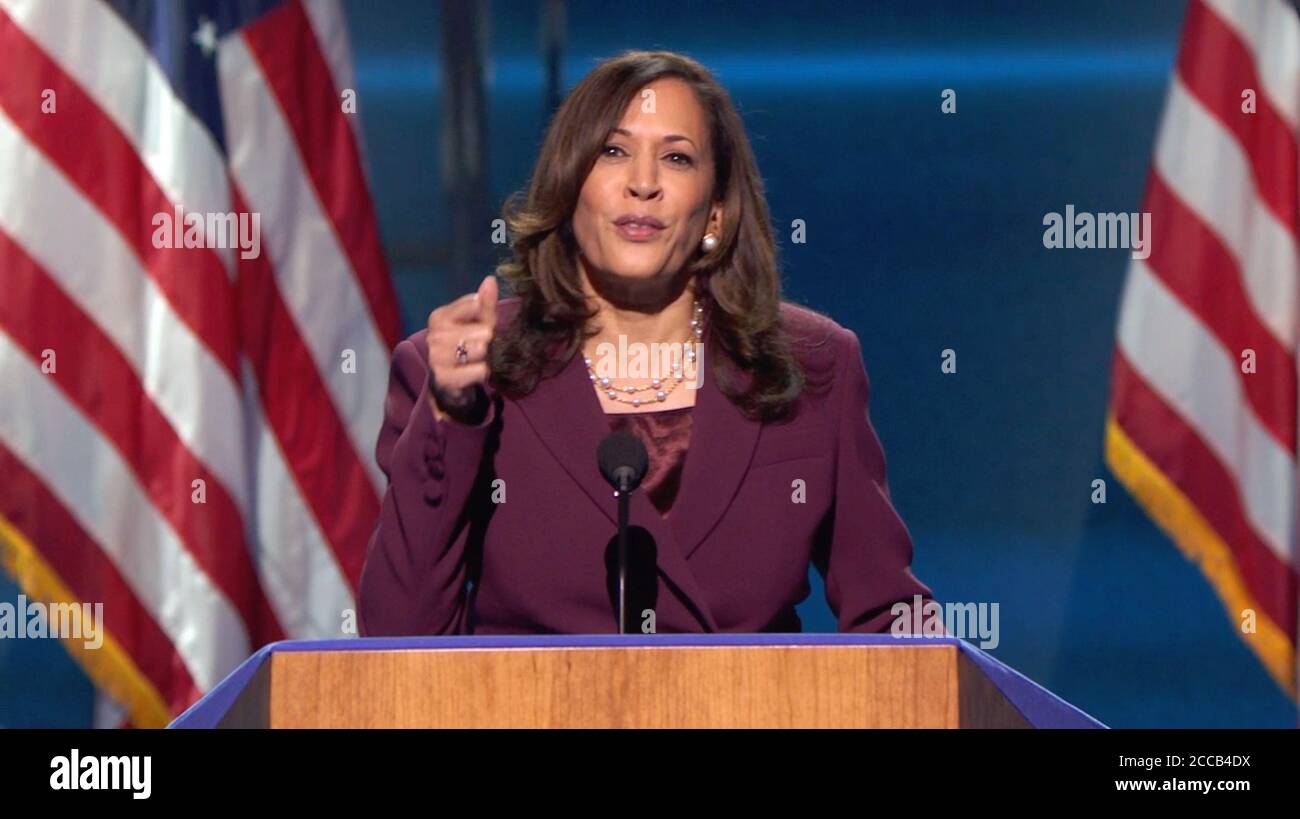 Wilmington, United States Of America. 19th Aug, 2020. In this image from the Democratic National Convention video feed, United States Senator Kamala Harris (Democrat of California), the Democratic Party nominee for Vice President of the US, delivers her acceptance speech on the third night of the convention on Monday, August 17, 2020. Credit: Democratic National Convention via CNP/AdMedia/Newscom/Alamy Live News Stock Photo