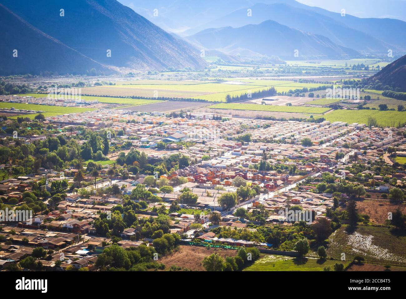 Aerial view of Vicuña surrounded by mountains, Chile Stock Photo
