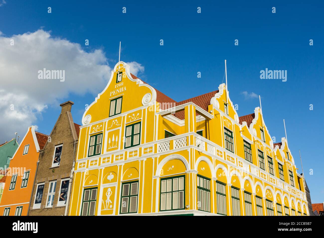 The Penha Building was built in 1708 in Dutch colonial style and is now a department store on the corner Handelskade and Breedestraat in Willemstad, t Stock Photo