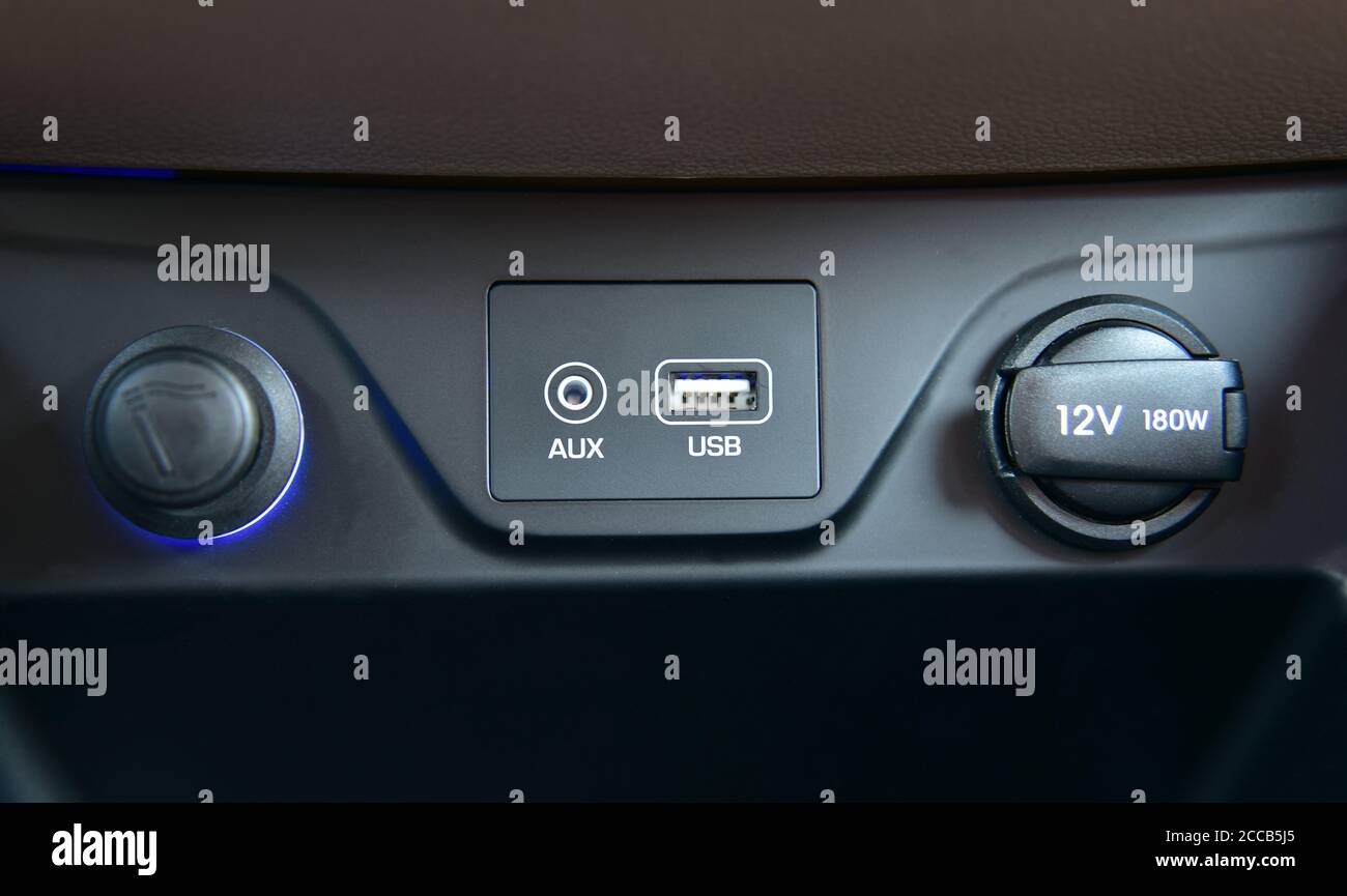 power outlet, USB port and car cigarette lighter in car Stock Photo Alamy