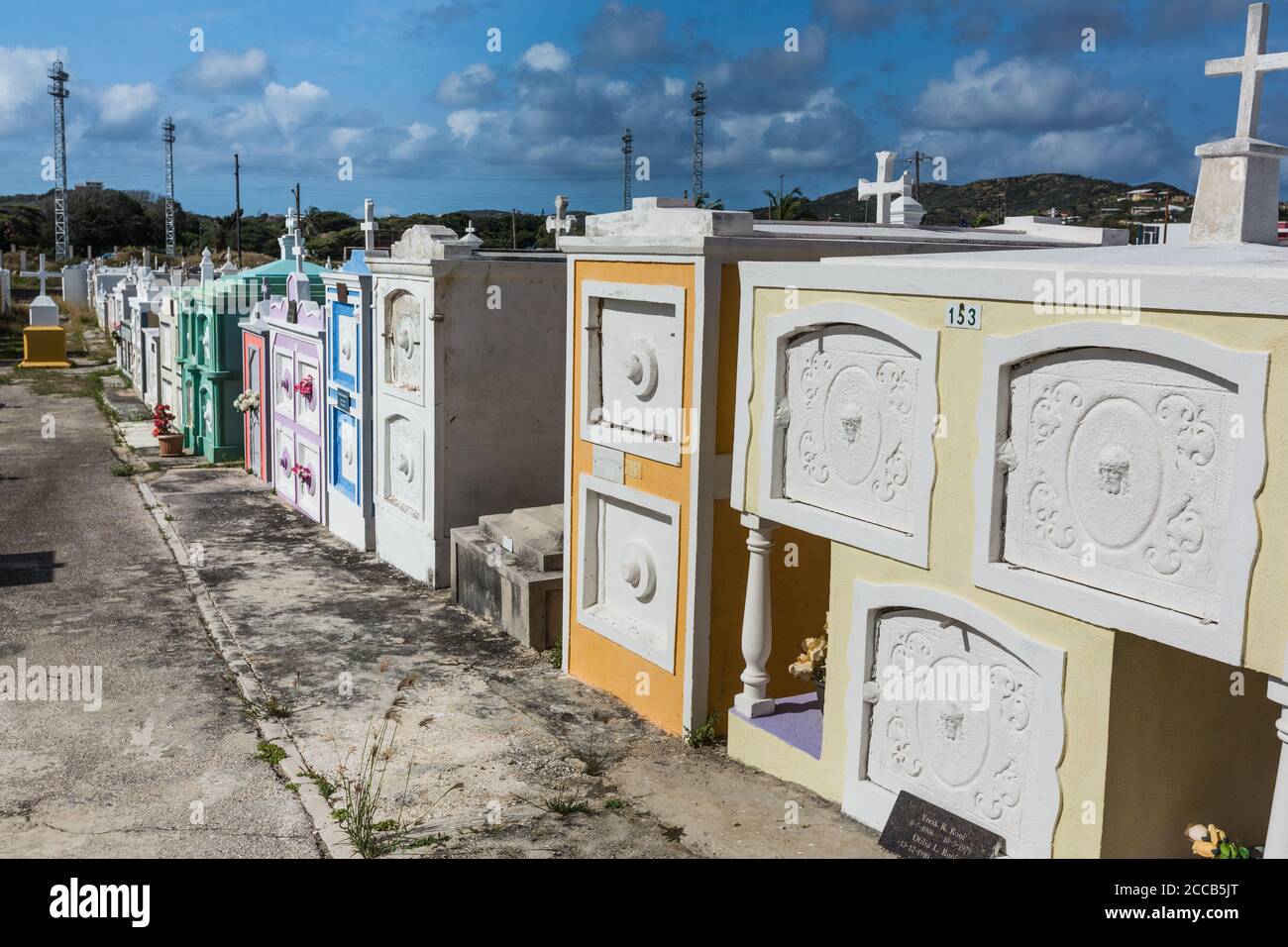 The cemetery of Saint Joseph's Catholic Church, a parish church in the town of Barber on the Caribbean island of Curacao in the Netherlands Antilles. Stock Photo