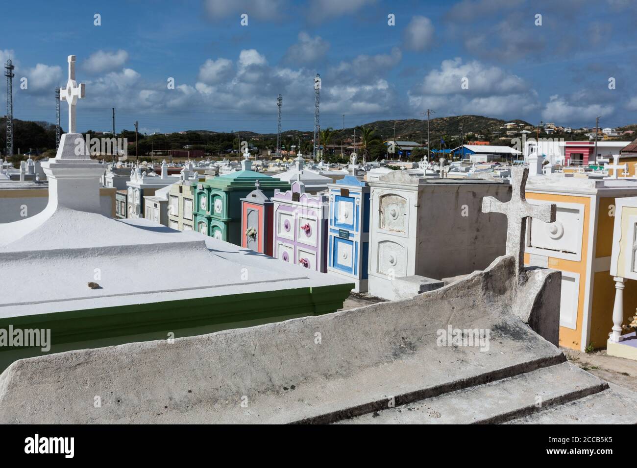 The cemetery of Saint Joseph's Catholic Church, a parish church in the town of Barber on the Caribbean island of Curacao in the Netherlands Antilles. Stock Photo