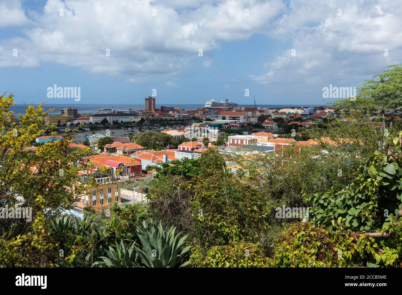 View of Willemstad, the capital of the Caribbean island nation of Curacao, from Sablica Hill.  The Historic Area of Willemstad, Inner City and Harbour Stock Photo