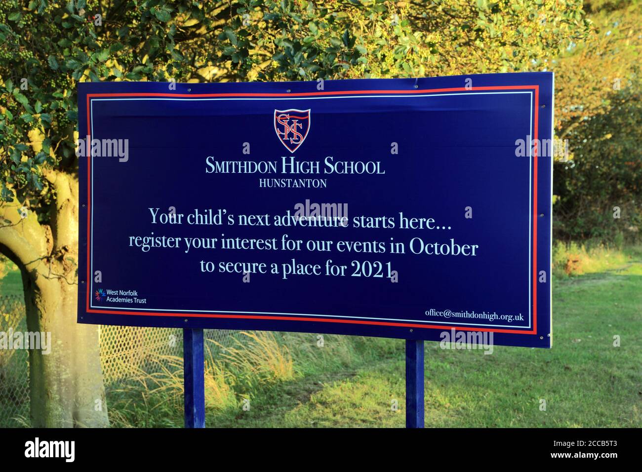 English Schools, 2021 registration, sign, Smithdon High School, Hunstanton, Norfolk Stock Photo
