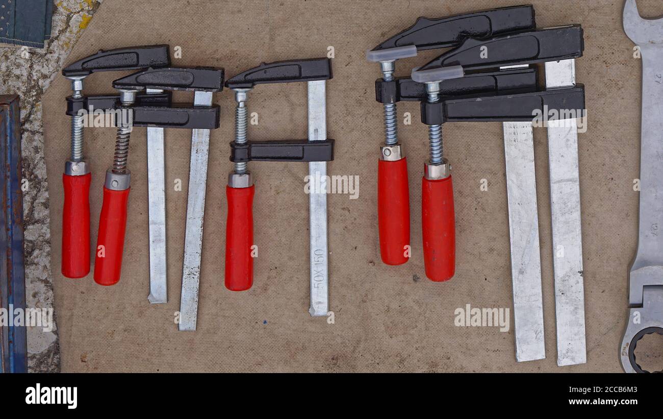 Wood working clamps clips tools equipment Stock Photo Alamy
