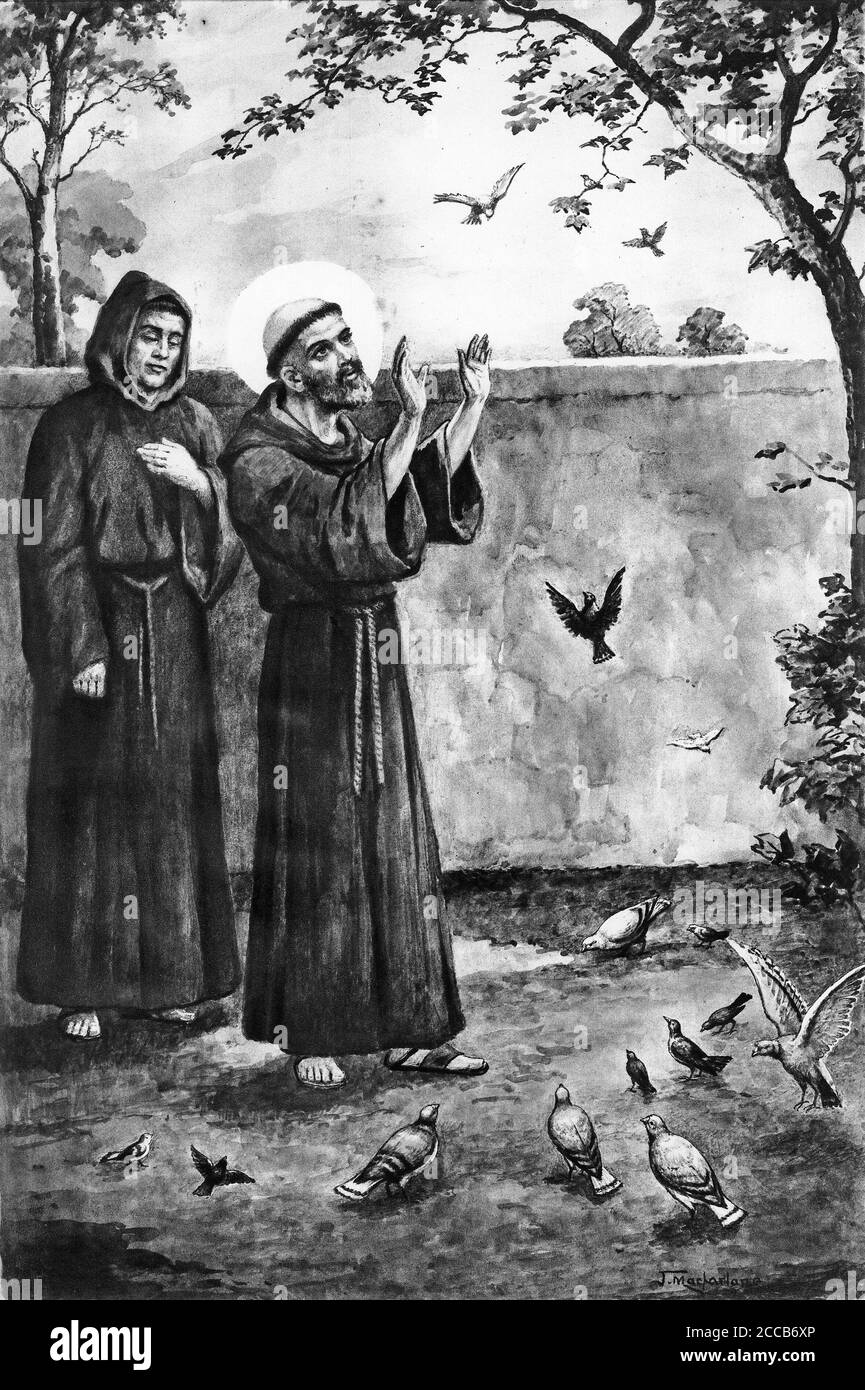Halftone of St Francis of Assisi with the birds. From a set of school posters for history and social studies c 1930 Stock Photo