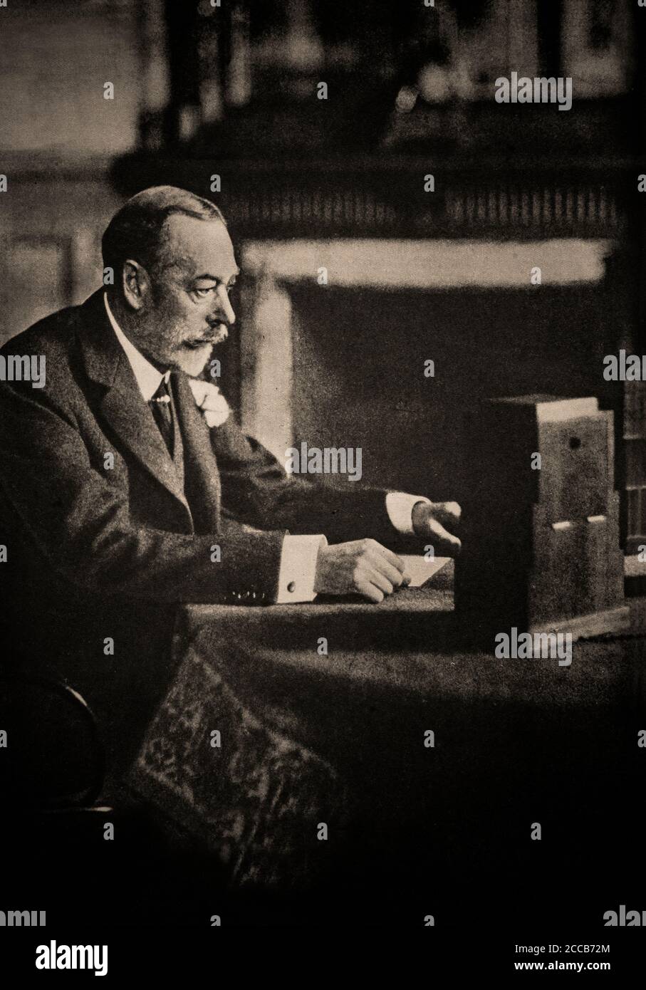 King George V was the first monarch to make a Christmas Day broadcast in 1932. Taking place in Sandringham, it was a practise he would continue for the following three years until his death in January 1936. Stock Photo